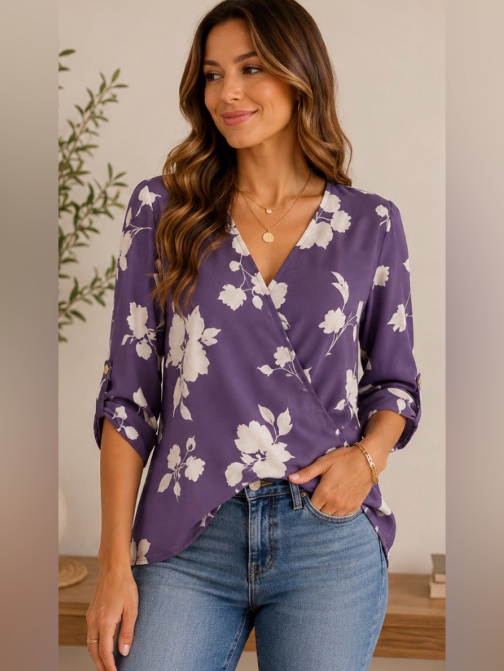 West Kei Purple Floral Faux Wrap Blouse – XS Petite – Romantic Feminine Top